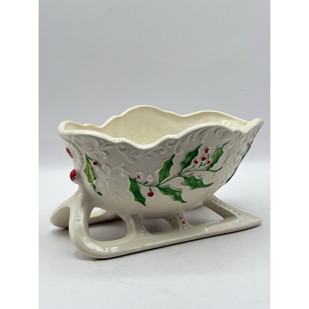 Vintage Napco Ceramics Japan White Christmas Sleigh Candy Dish Holly & Berries